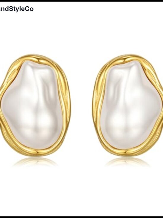 Jewelry - Vintage 14K Gold Plated Pearl Earrings for Women, Chunky Oval Stud Statement